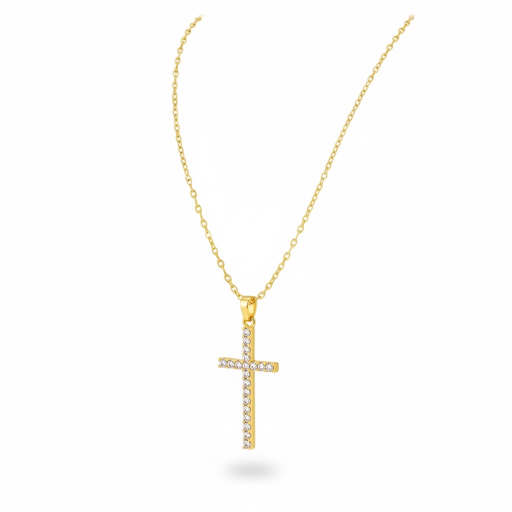 Gold Cross Pendant Necklace With Sparkling Accents